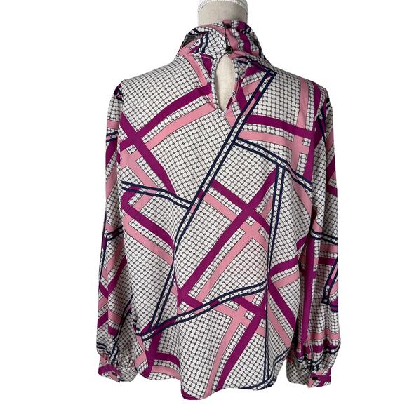 Hazel Haze Abstract Geometric Bow Tie Blouse Top Women’s Size M Pink Purple - Picture 4 of 7
